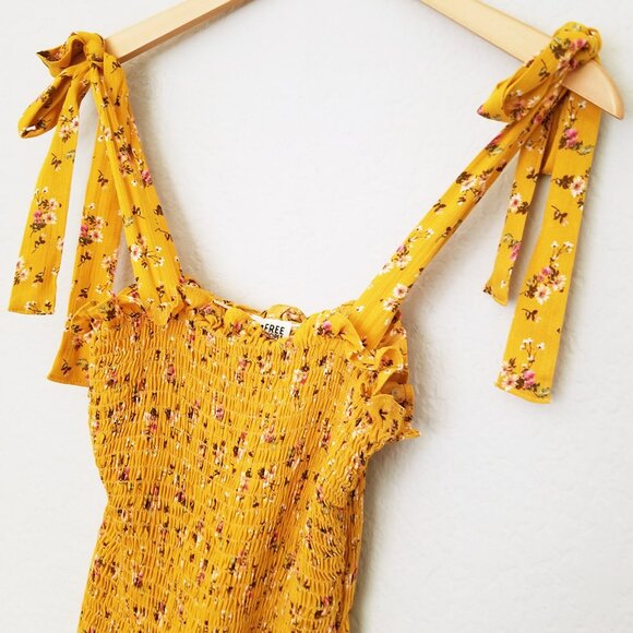 NEW Free People Bella Smocked Slip Tie Strap Bodycon Mini Dress XS Yellow Gold - Picture 11 of 12